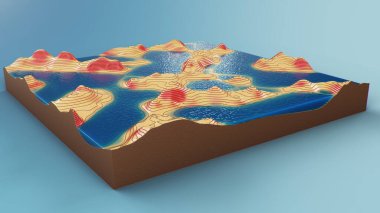 Suyla kesitli topoğrafik 3 boyutlu harita. Topoğrafik haritadaki Contour çizgileri. Bölgenin coğrafyasını inceliyorum: tepeler, dağlar ve ovalar. Mavi arkaplanda harita var. 3d illüstrasyon