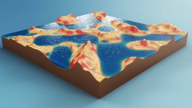 Suyla kesitli topoğrafik 3 boyutlu harita. Topoğrafik haritadaki Contour çizgileri. Bölgenin coğrafyasını inceliyorum: tepeler, dağlar ve ovalar. Mavi arkaplanda harita var. 3d illüstrasyon