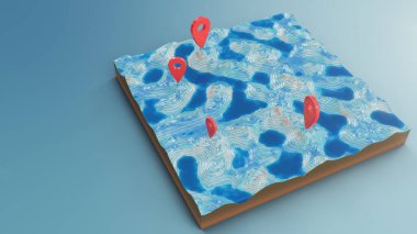 Kırmızı noktalar, üç boyutlu harita navigasyonunda işaretler. Topoğrafik haritadaki Contour çizgileri. Bölgenin coğrafyasını inceliyorum: tepeler, dağlar ve ovalar. Mavi arkaplanda harita var. 3d illüstrasyon