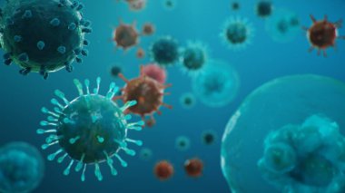 Mikroskop altında 3 boyutlu illüstrasyon Coronavirus salgını kavramı. Virüsün insan vücuduna yayılması. Salgın, salgın solunum yolunu etkiliyor. Ölümcül viral enfeksiyon.