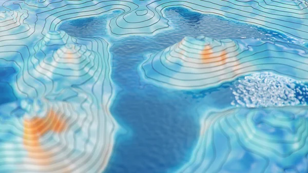 Topographic 3D map with water. Contour lines on a topographic map. Studying the geography of the area: hills, mountains and plains. Cartography concept, mountain hiking. 3d illustration