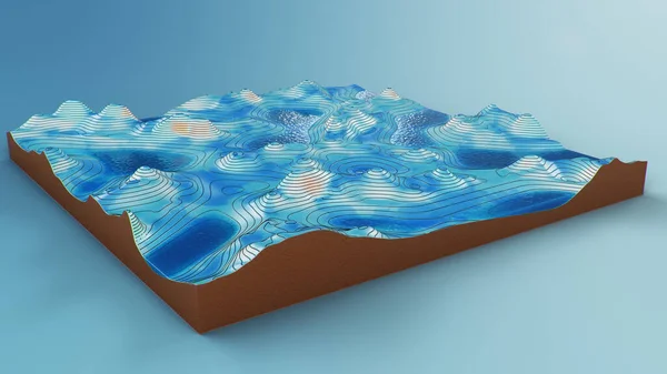 Cross section topographic 3D map with water. Contour lines on a topographic map. Studying the geography of the area: hills, mountains and plains. Cartography map on blue background. 3d illustration