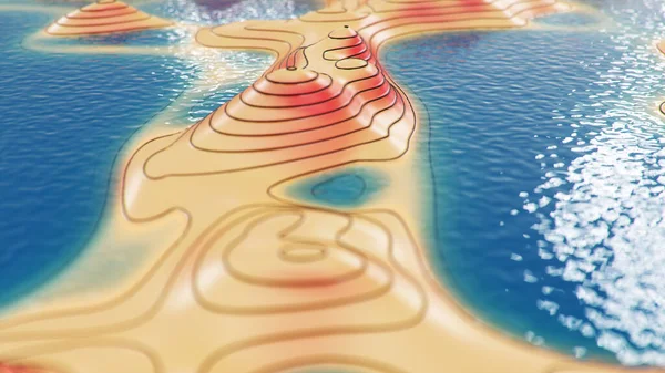 3d illustration topographic 3D map with water. Contour lines on a topographic map. Studying the geography of the area: hills, mountains and plains. Cartography concept, mountain hiking