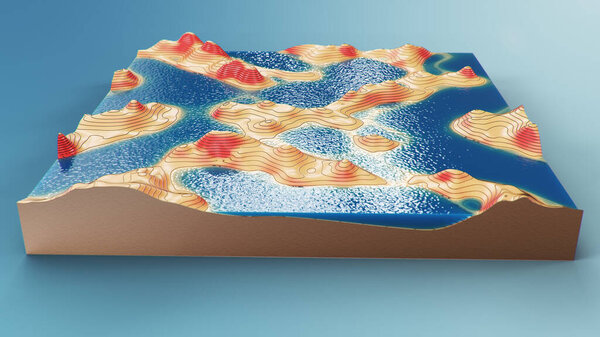 Cross section topographic 3D map with water. Contour lines on a topographic map. Studying the geography of the area: hills, mountains and plains. Cartography map on blue background. 3d illustration