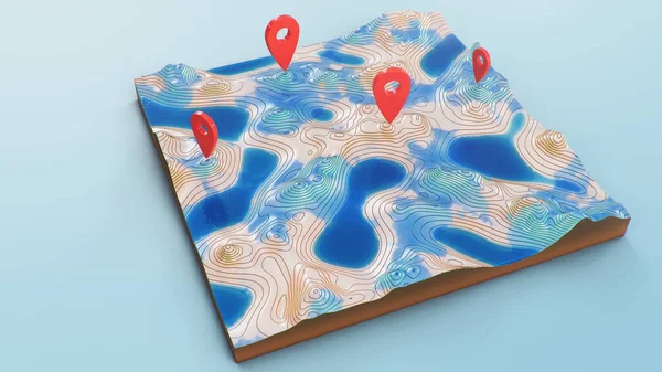 Red pointers, markers on the 3D map navigation. Contour lines on a topographic map. Studying the geography of the area: hills, mountains and plains. Cartography map on blue background. 3d illustration