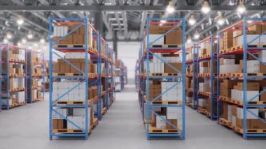 Endüstriyel depodaki raflardaki kutuların görüntüsü