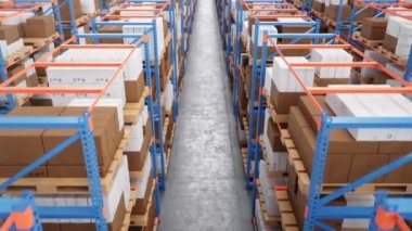 Endüstriyel depodaki raflardaki kutuların görüntüsü