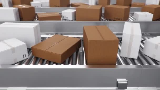 Caixas Papelão Movendo Transportador Fábrica — Vídeo de Stock