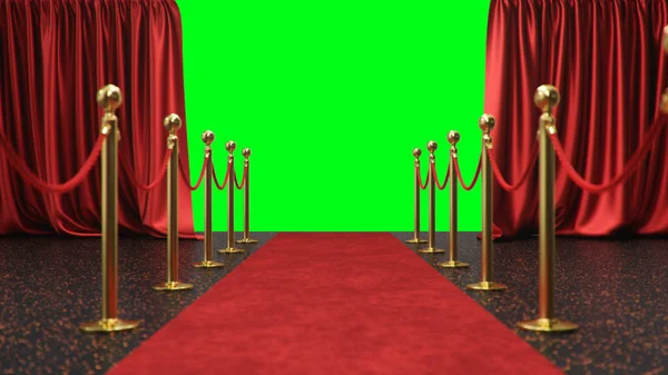 Awards show background with red curtains open on green screen. Red velvet carpet between golden barriers connected by a red rope. Curtains theater stage. 3d Rendering