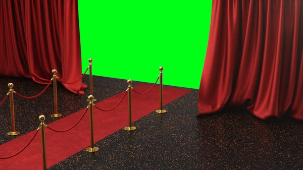 Awards show background with red curtains open on green screen. Red velvet carpet between golden barriers connected by a red rope. Curtains theater stage. 3d Rendering