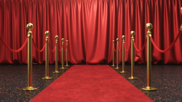 受賞は閉じた赤いカーテンで背景を示しています 赤いロープで結ばれた黄金の壁の間に赤いベルベットのカーペット 演劇の舞台を担当 3Dレンダリング — ストック写真