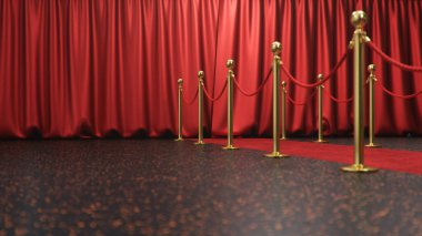 Ödüller arka planda kapalı kırmızı perdeleri gösteriyor. Kırmızı bir iple birbirine bağlı altın bariyerler arasında kırmızı kadife halı. Tiyatro sahnesi. 3d Hazırlama