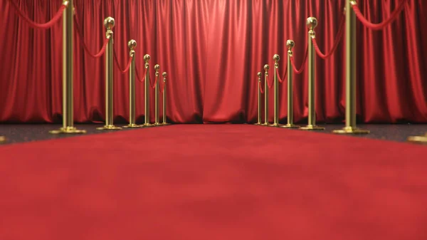 受賞は閉じた赤いカーテンで背景を示しています 赤いロープで結ばれた黄金の壁の間に赤いベルベットのカーペット 演劇の舞台を担当 3Dレンダリング — ストック写真