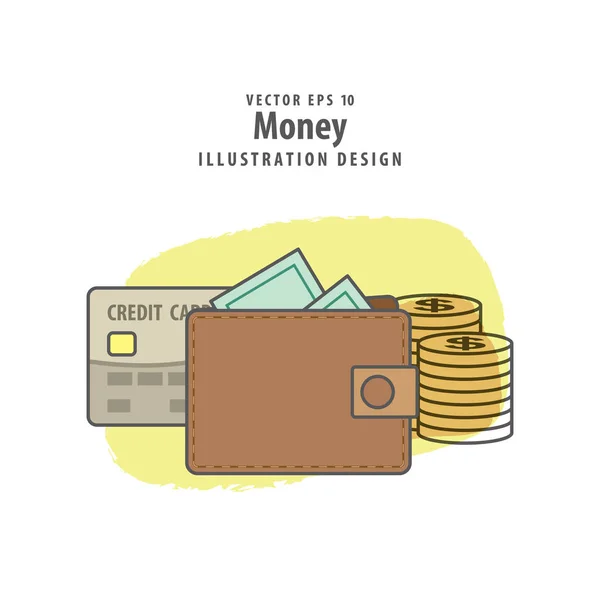 Carteira, cartão de crédito e dinheiro ilustração fundo vetor. Tr — Vetor de Stock