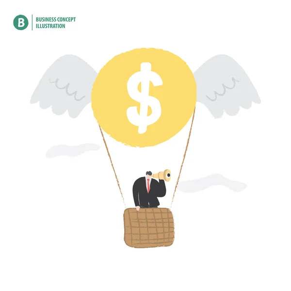 Empresario con globo de dinero que significa visión y costo en blanco — Vector de stock