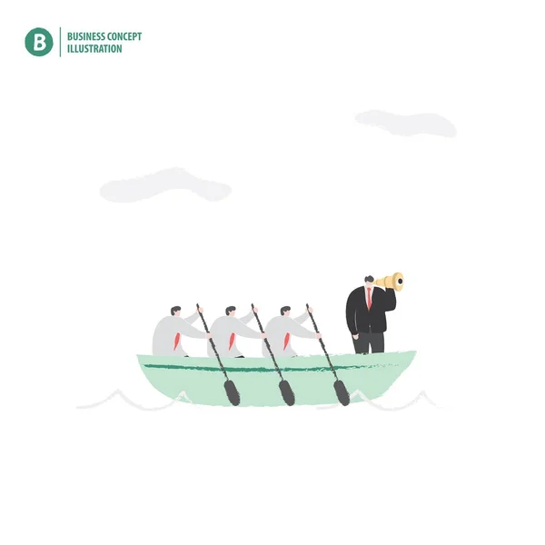 Επιχειρηματίας με μια βάρκα στο ωκεανό σημαίνει ομαδική δουλειά και όραμα — Διανυσματικό Αρχείο