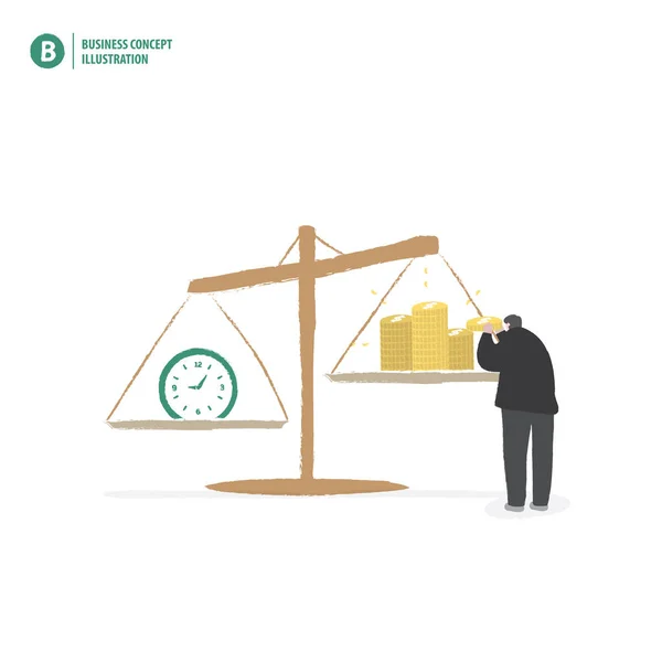 Empresario balance dinero y tiempo sobre fondo blanco illustrat — Vector de stock