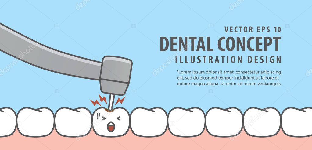 Banner Caries tooth with dental bur illustration vector on blue 