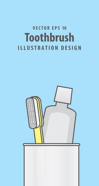 Cepillo de dientes y pasta de dientes en el vector de ilustración de la taza en azul — Vector de stock