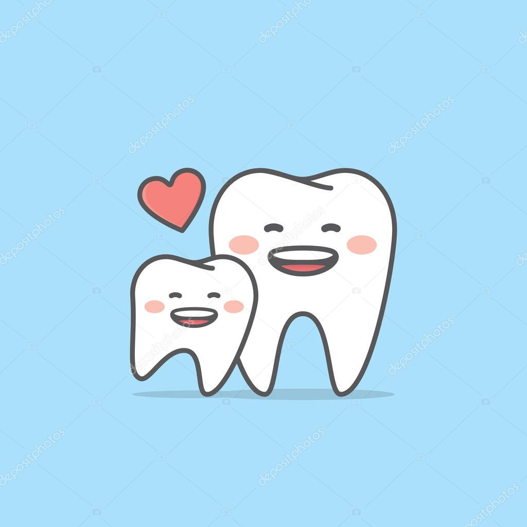 mom & kid tooth character illustration vector on blue background