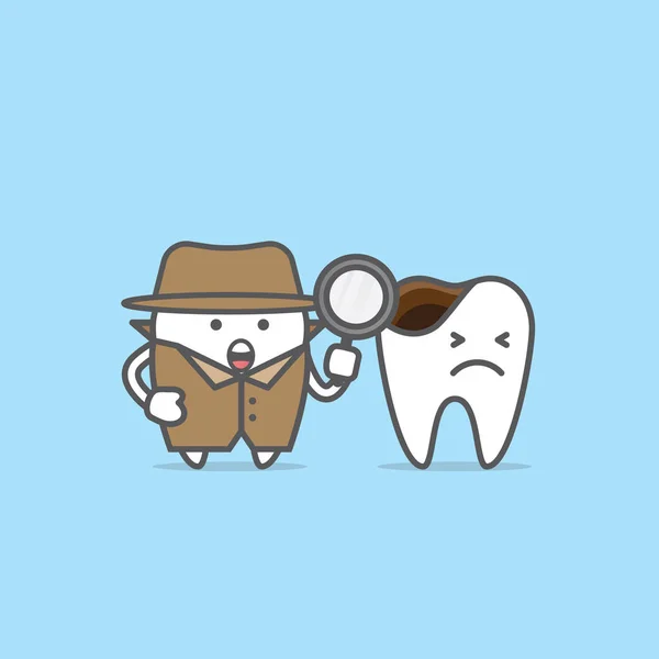 Tooth character detective with decayed tooth illustration vector — Stock Vector