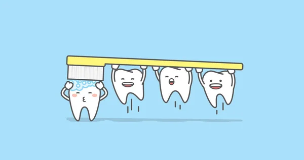 Dente personagem escovação dentes ilustração vetor em azul backg — Vetor de Stock