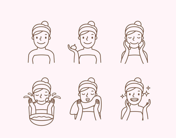 Step of Washing face illustration vector on pink background. Bea