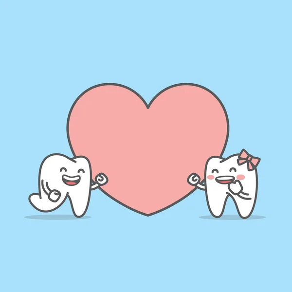 El chico de los dientes se encontró con la chica de los dientes delante de una gran ilustración del corazón — Vector de stock