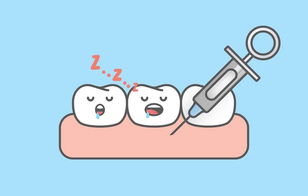 Anestesia dental, dientes de dibujos animados durmiendo cuando una jeringa inyectable — Archivo Imágenes Vectoriales