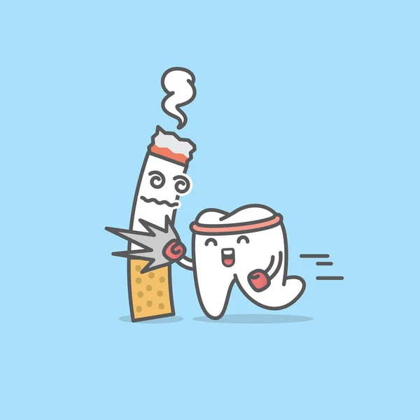 Cartone Animato Dentale Dente Colpito Una Sigaretta Illustrazione Disegno Del — Vettoriale Stock