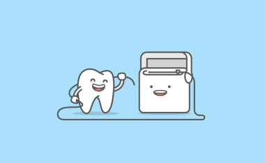 Mavi arka planda beyaz diş temizleme, diş ipi çizimi, karakter vektör tasarımı. Diş sağlığı konsepti.