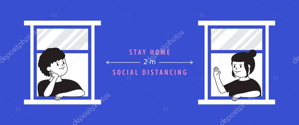 The man and woman stay home at the windows and keep 2 meter distancing to avoid covid-19 crisis on blue background illustration vector, stay home concept