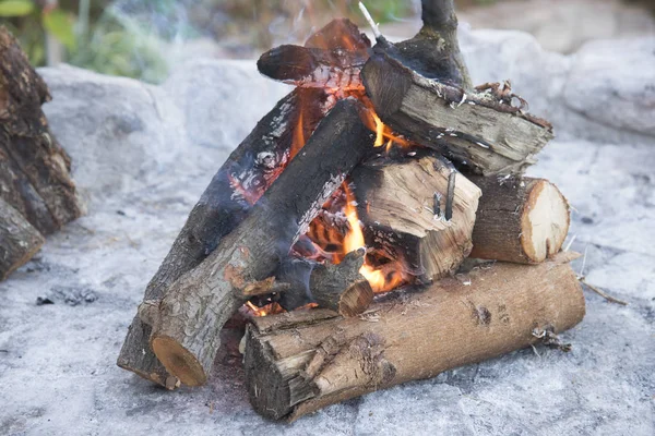 Starting a BBQ fire with burning logs — Stock Photo, Image
