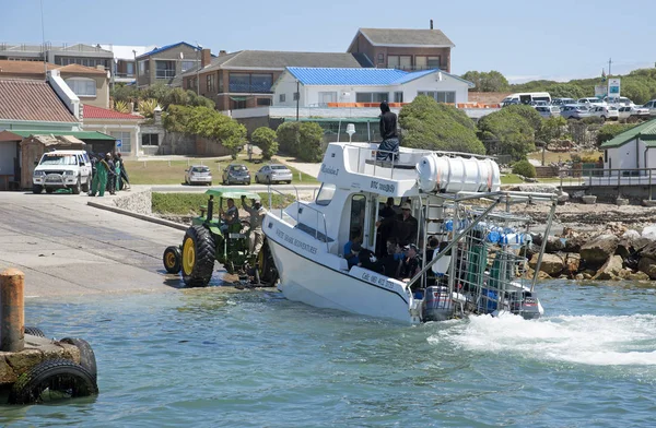 Tracteur tirant un bateau de plongée de l'océan — Photo