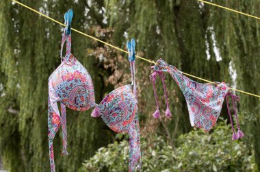 Bir elbise çizgi üzerinde asılı bir bikini