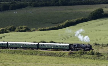 Dorset İngiltere'de kırsal geçen bir buharlı tren tarafından çekti bir yolcu treni