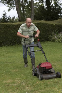 Man mowing the grass using a rotary mower clipart
