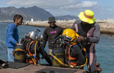 Hermanus, Batı Burnu, Güney Afrika. Aralık 2019. Profesyonel dalgıçlar, dalmadan önce genç dalgıçları hazırlama kursu..