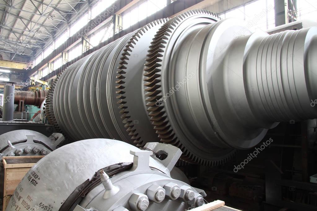 Manufacture of water turbines. The huge machine turbine production. Large parts of the plant.