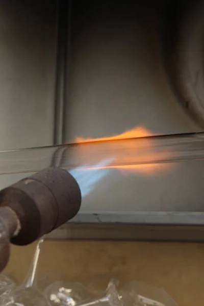 Factory Christmas Toys Worker Blows Out Glass Burner Melts Glass — Stock Photo, Image