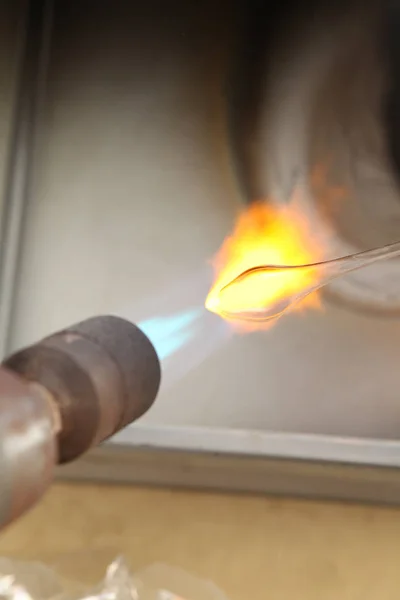 Factory Christmas Toys Worker Blows Out Glass Burner Melts Glass — Stock Photo, Image