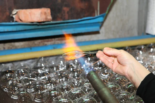 Factory Christmas Toys Worker Blows Out Glass Burner Melts Glass — Stock Photo, Image