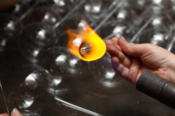 Factory Christmas Toys Worker Blows Out Glass Burner Melts Glass — Stock Photo, Image