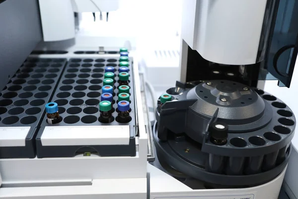 Quality Control Laboratory medicine. Chromatograph operation. makes an analysis on a gas chromatograph. Development of a new vaccine against the covid-19 virus. Pharmaceutical factory.