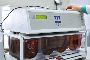 Bir kadın kimyager, hapların ve diğer dozaj formlarının çözünürlük testlerini yapar. Erveka - Bilimsel araştırma farmasötik laboratuarı. Bir adam bir fabrikada bilimsel çalışma yürütüyor. Laboratuvar araştırması.