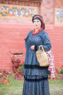 19. yüzyılın eski kıyafetleri içinde sepeti olan bir kadın. 19. yüzyılın sonlarına ait antika kıyafetler. Bir kadında güzel elbise ve etek. Bir kızda boncuk ve süs. Eski bir yer. Gelenek ve