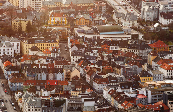 Bergen city in Norway at sunset view from above
