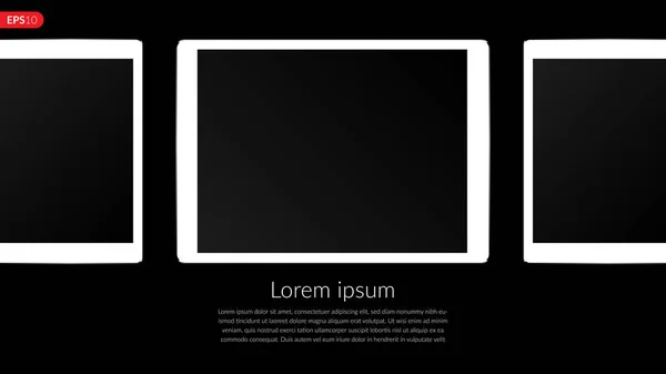 Computer tablet, mobile, composizione mockup isolata su sfondo nero con schermo vuoto. Illustrazione vettoriale realistica del tablet bianco vista frontale per la stampa e l'elemento web . — Vettoriale Stock