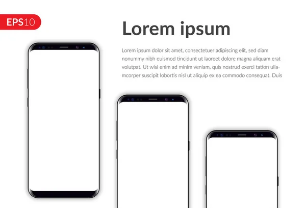 Telefono, smartphone mobile isolato su modello di sfondo bianco. Mockup realistico dell'illustrazione vettoriale tre telefoni per banner o pubblicità . — Vettoriale Stock