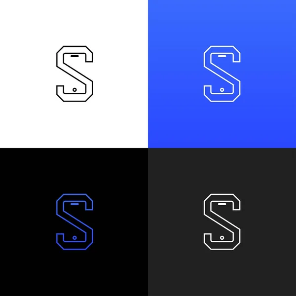 Logotipo del teléfono móvil lineal con letras S. Vector ilustración, logotipo, icono, signo, símbolo del teléfono móvil con color negro, blanco y azul . — Vector de stock